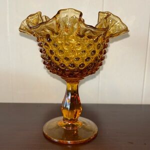 Vintage Fenton Amber Hobnail Glass Compote Pedestal Bowl 1950s
